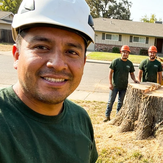 Smiling George Salinas Tree Service crew selfie after removing a large oak in Sacramento